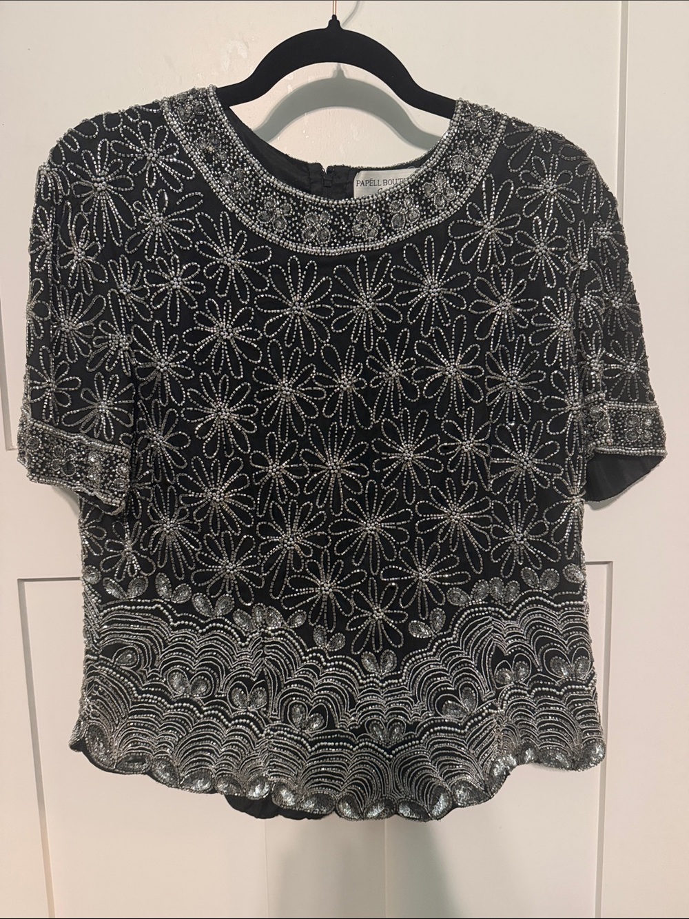 Vintage Papell Boutique Black Beaded Floral Sequin Silk Short Sleeve Blouse